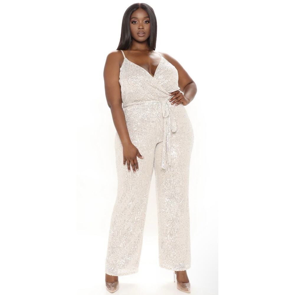 Fashion Nova- Can’t Hide The Shine Sequin Jumpsuit-Silver Size 2X New With Tags